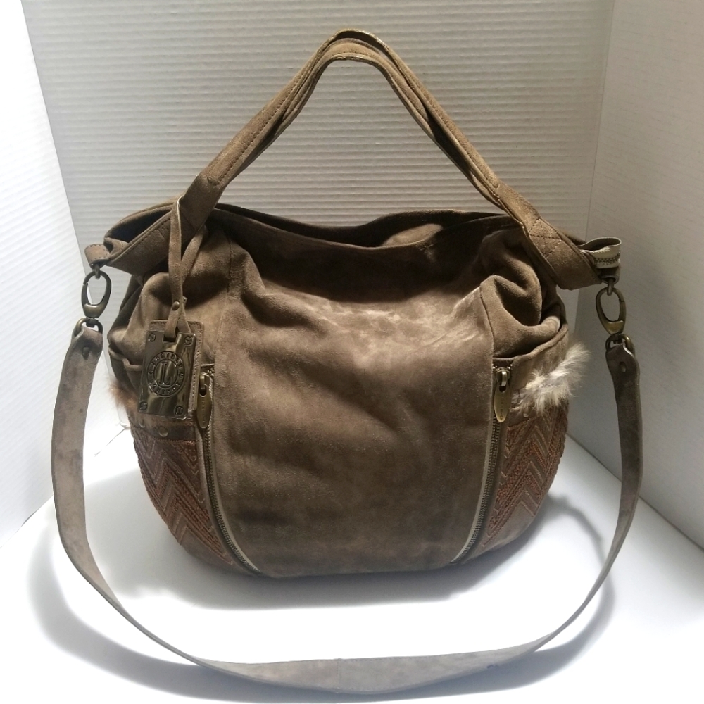 LORIBLU Suede Leather Crossbody/Bucket Bag in Toffee Color.